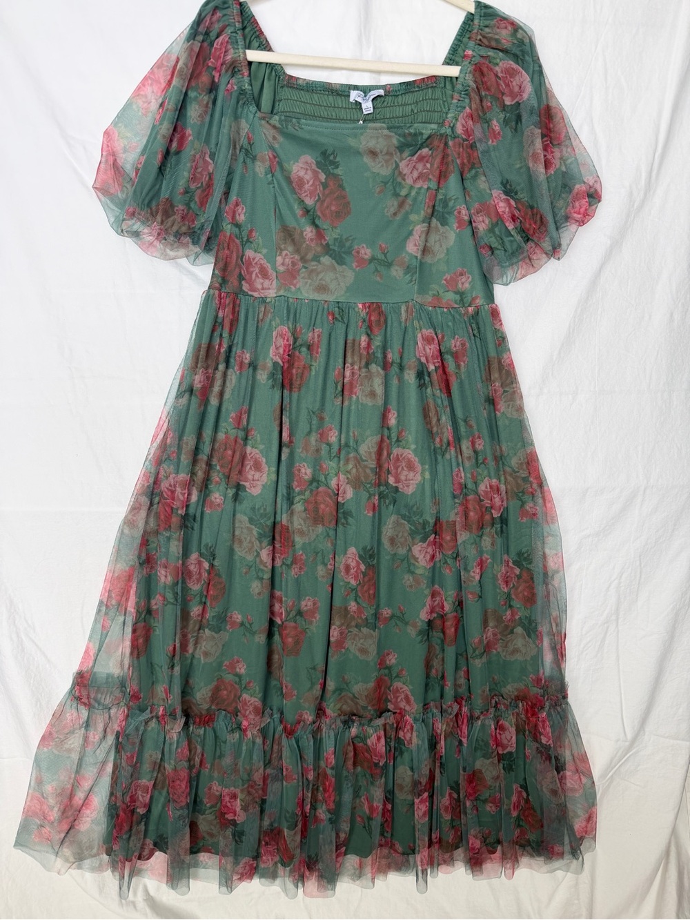 Floral Green Puff-Sleeve Midi Dress - POLAGRAM NWT SIZE L